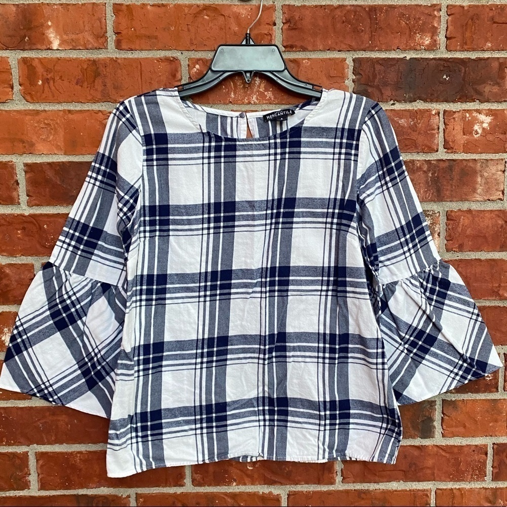 J.Crew Mercantile Womens 4 White Blue Bell Trumpet Sleev Keyhole Check Plaid Top